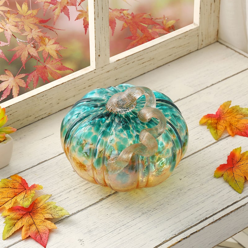Glitzhome 5.25"D Blue & Gold Glitter Small Glass Pumpkin Halloween Table Decor