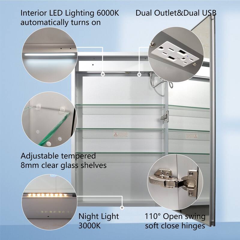 Aluminum Surface/Recessed Mount LED Medicine Cabinet with Mirror, Outlet and Shelves
