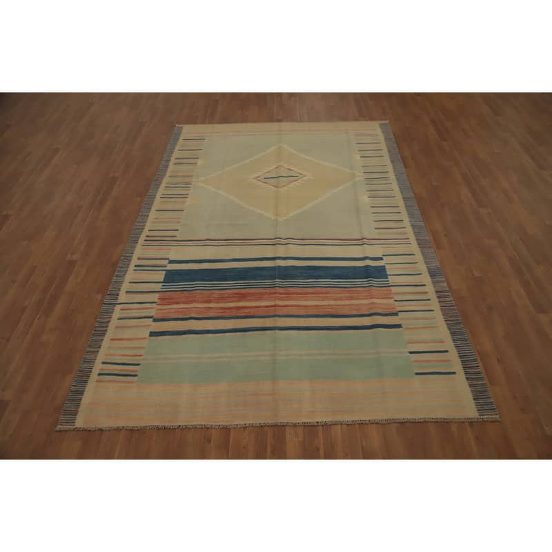 Hand Woven Oriental 100% Wool Carpet Southwestern Tribal Beige & Ivories Kilim Area Rug - 9' 10'' X 6' 7''