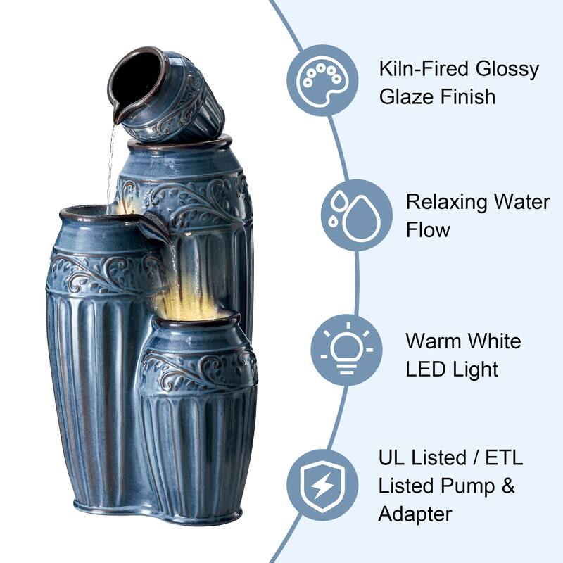 Glitzhome 27"H/35"H 4-Tier Embossed Pattern LED Ceramic Pots Fountain
