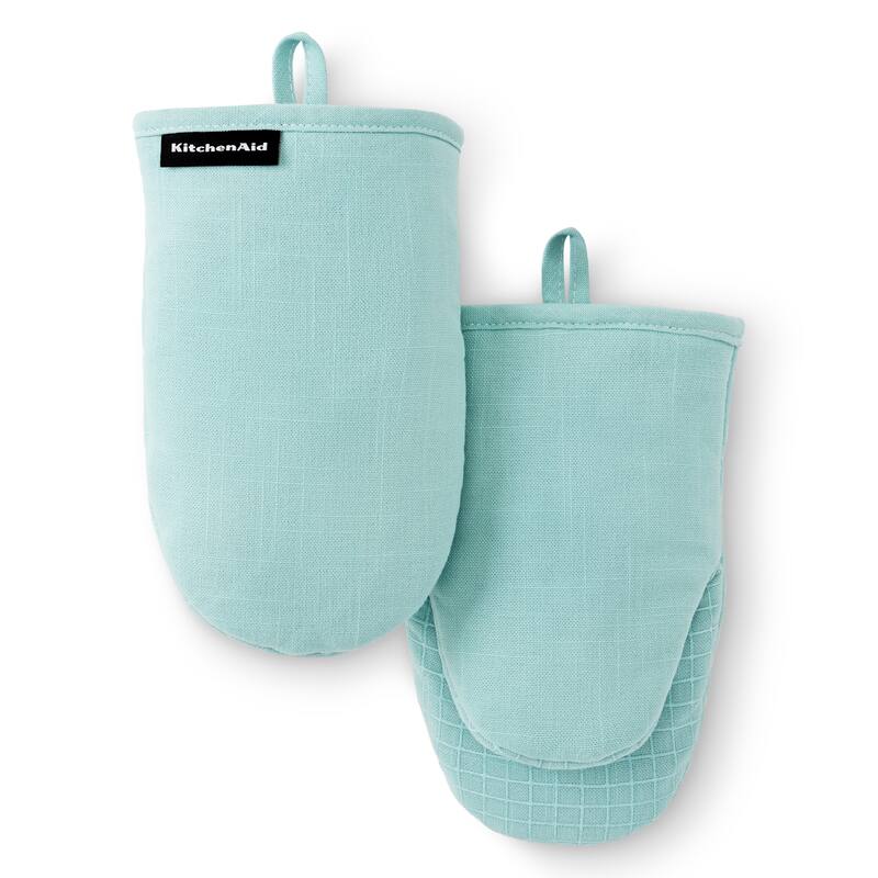 KITCHENAID Gourmet Series Gridlines Mini Oven Mitts 2-Pack Set, Heat Resistant up to 600°F, Soft Silicone Grip, Magnetic Cuff - Mineral Water Aqua