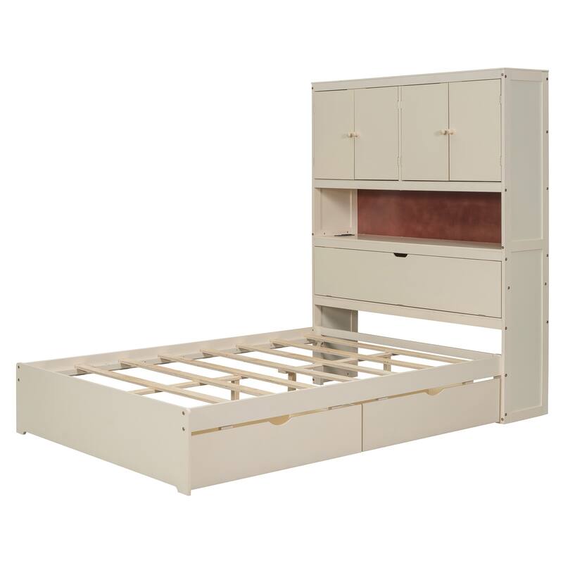 Full Size Wooden Platform Bed with USB, Storage Headboard & Drawers
