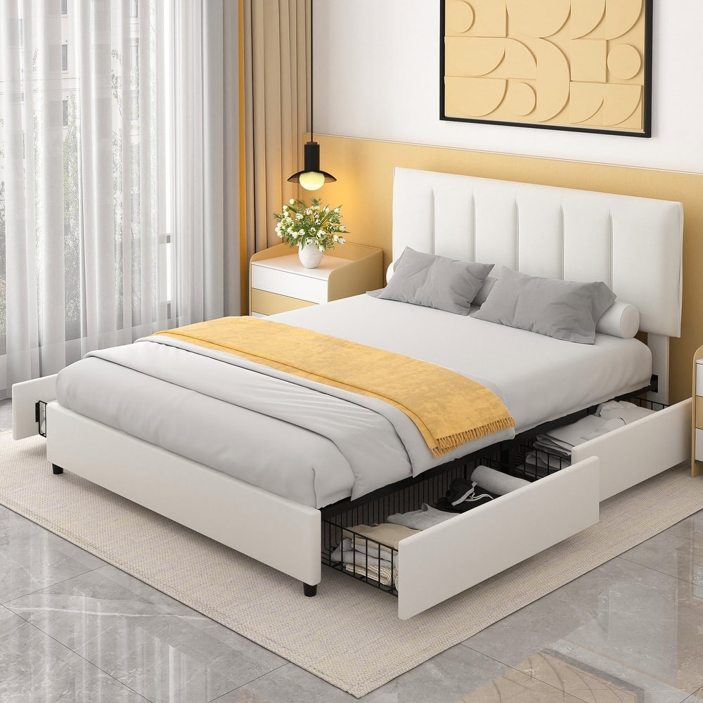 Javlergo Bed Frame with Storage Drawers, Upholstered Platform Bed Frame with Adjustable Headboard