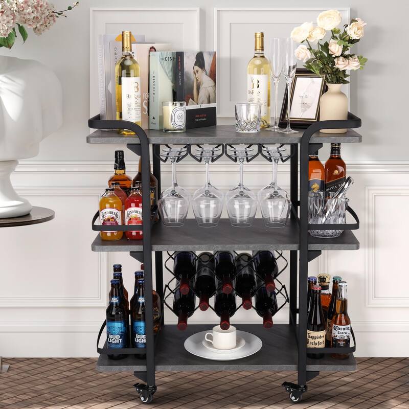 Modern Industrial 3-tier Bar Cart with Wine Rack
