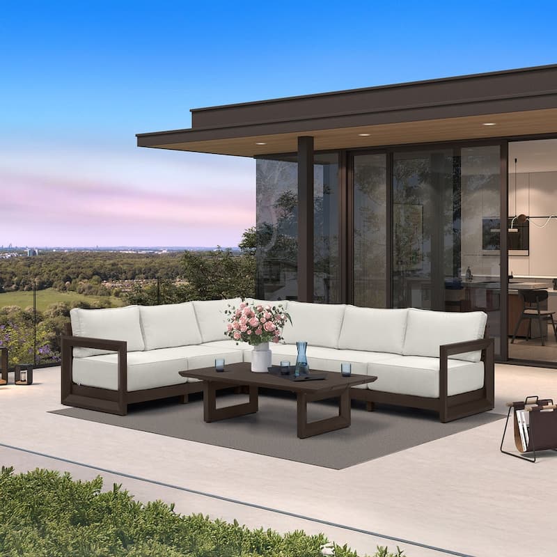 PURPLE LEAF Caesar Outdoor Couch with 9.6" white Thick Cushion and Table for Yard Porch Deck Outdoor Patio Conversation Sets - 6 Seats+1 Table - L-shaped