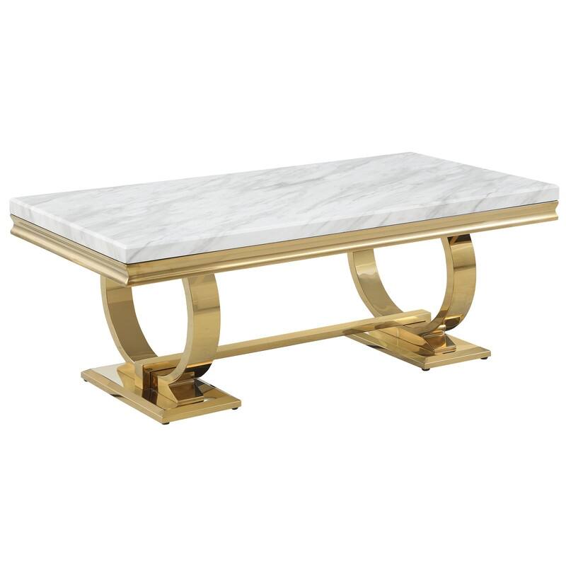 Best Master Furniture Erasmus White/Gold Marble Double Ring Pedestal Coffee Table - Gold