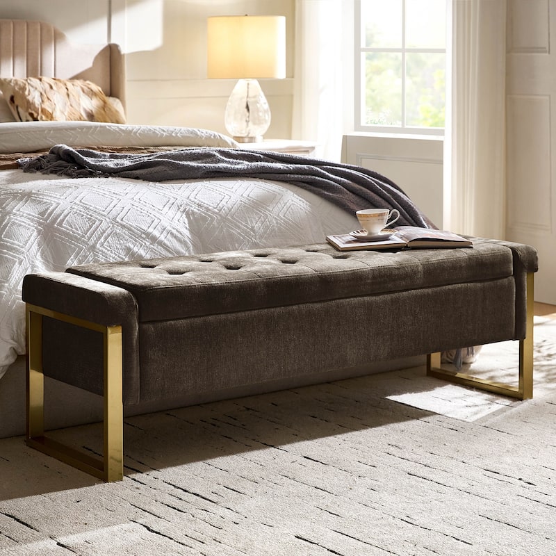 Alina Modern Upholstered Flip Top Storage Bench with Metal Legs by HULALA HOME - Brown