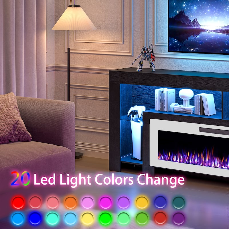 BOSSIN 82" Electric Fireplace TV Stand Entertainment Center, High Gloss with LED Lights, Holds TVs Up to 90 Inches, White