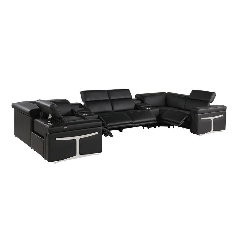 HomeRoots Black Italian Leather Power Reclining U Shaped Eight Piece Sectional With Console