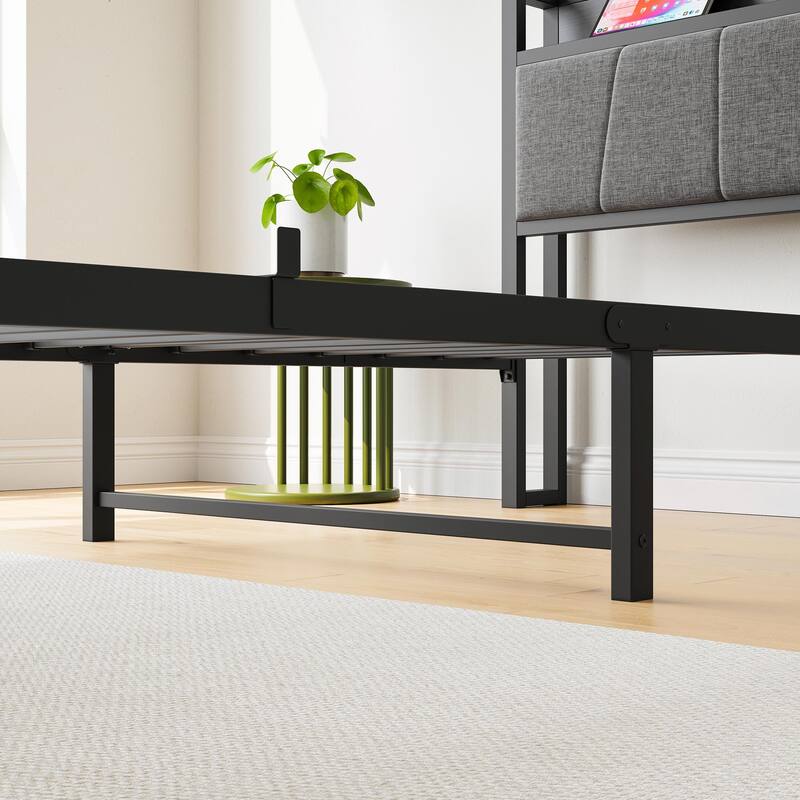 Queen/Full/Twin Stable Platform Bed Frame, Storage Headboard with Charging Station, Black/Wood Color