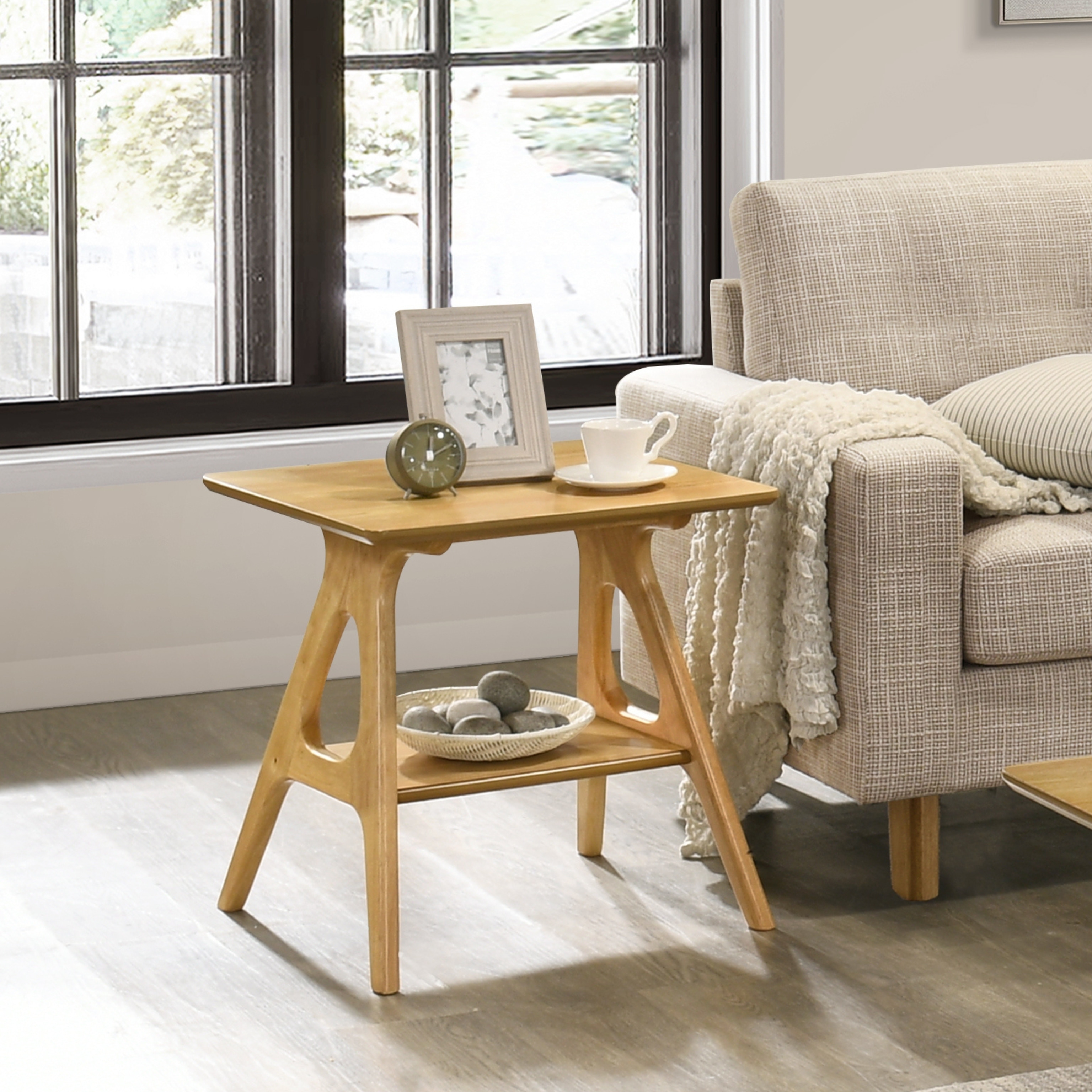 Roundhill Furniture Arona Mid-Century Modern Wood End Table with Shelf