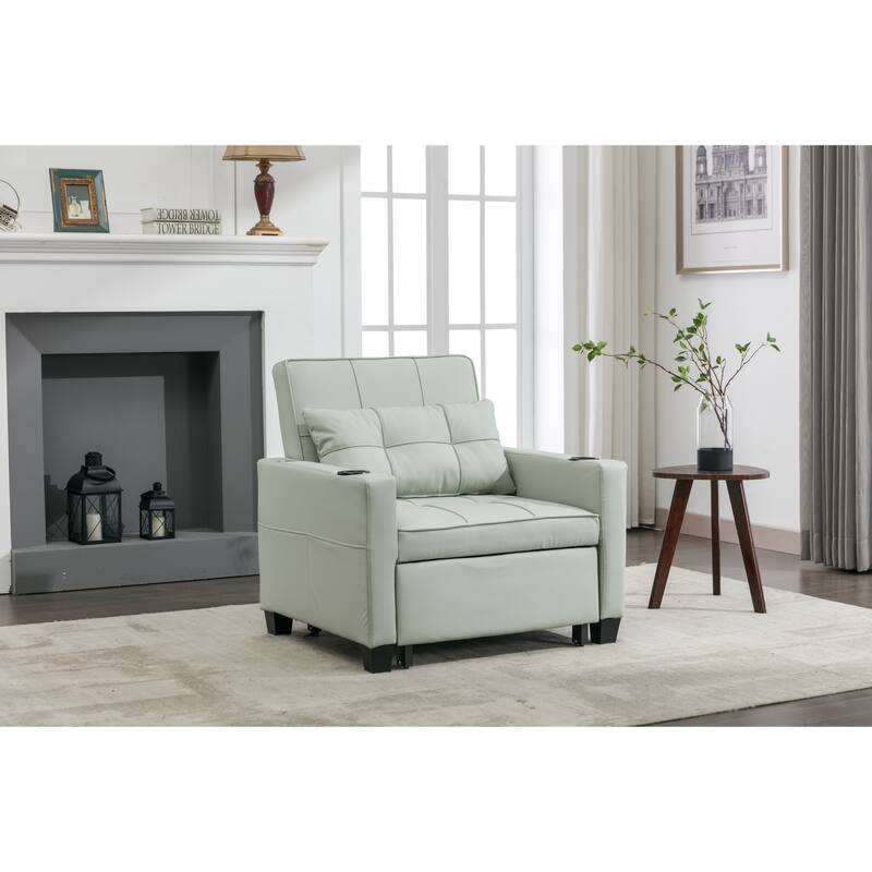 Leather Futon Armchair Bed with USB, Cup Holders & 3-Position Backrest