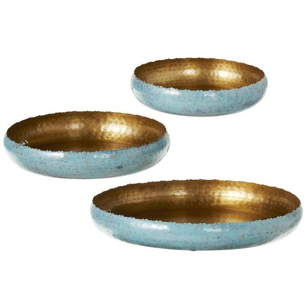 Set of 3 Golden Colored and Blue Glossy Finished Decorative Round