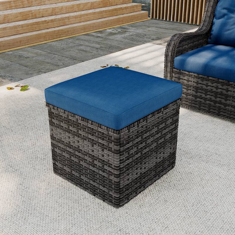 Outdoor Patio PE Wicker Ottoman with Cushion - Blue/Grey rattan