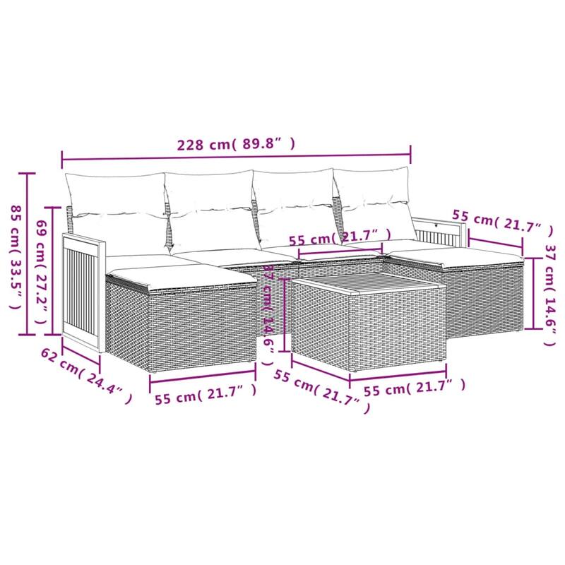 vidaXL 7 Piece Patio Sofa Set with Cushions Gray Poly Rattan - 116.0x27.2x92.8