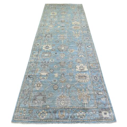 Shahbanu Rugs Light Blue Hand Knotted Afghan Ushak All Over Motifs Extra Soft Wool Wide Runner Oriental Rug (4'0"x11'6")
