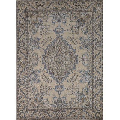 Tabriz Persian Area Rug Hand-Knotted Beige Floral Wool Carpet - 8'2"x 10'9"