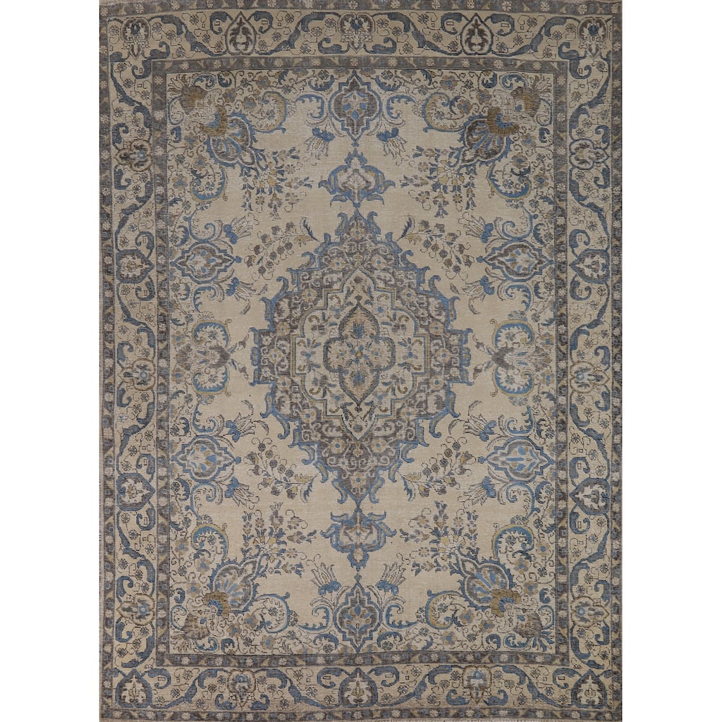 Tabriz Persian Area Rug Hand-Knotted Beige Floral Wool Carpet - 8'2"x 10'9"
