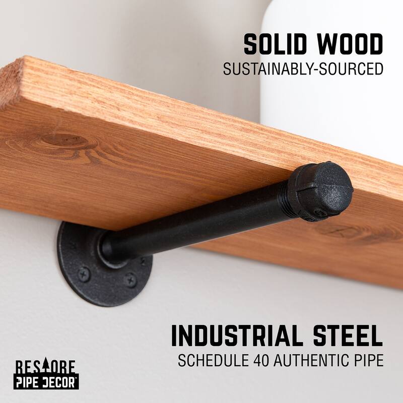 PIPE DECOR 36" Solid Wood Wall Shelves with Rustic Black Industrial Steel Pipe Brackets, Set of 2