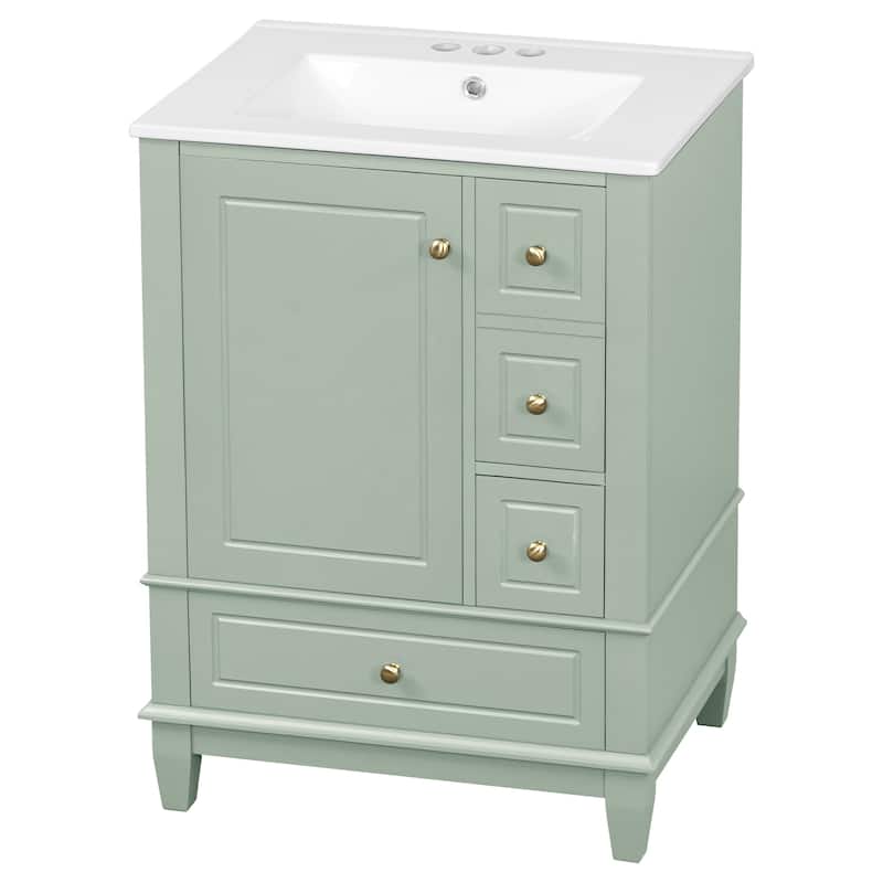 24" Bathroom Vanity with Sink and Drawers, Green Freestanding Vanity Cabinet with Ceramic Top and Storage Shelves