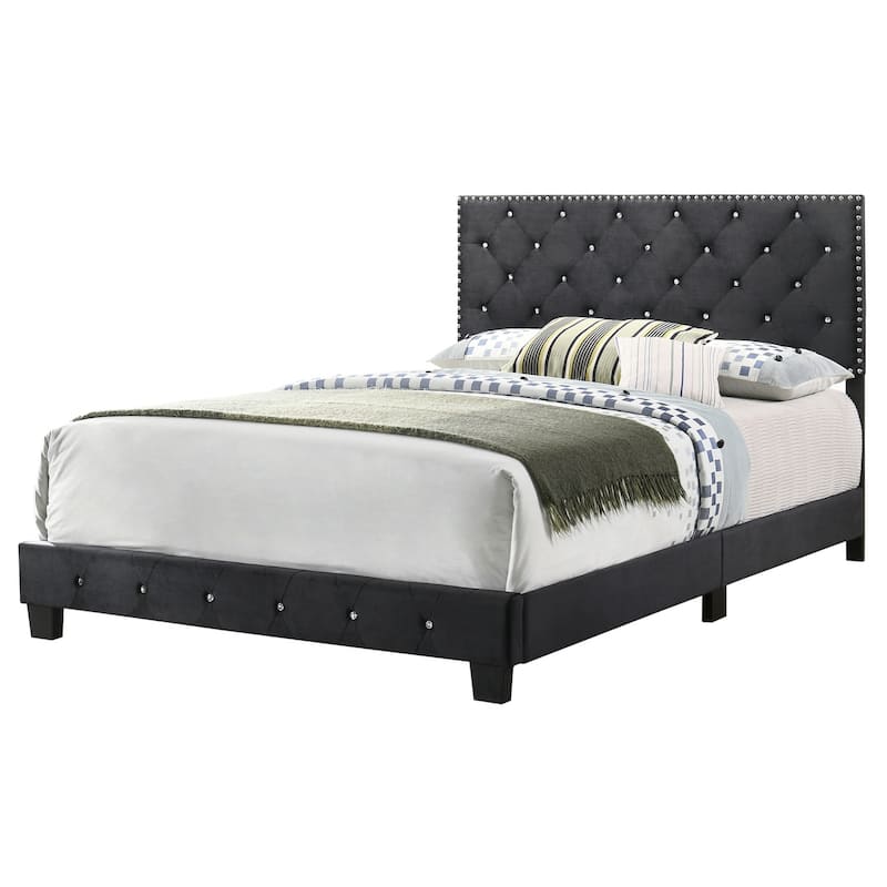 Tufted Faux Jewel Velvet Upholstered Full Panel Bed - 77" - Black