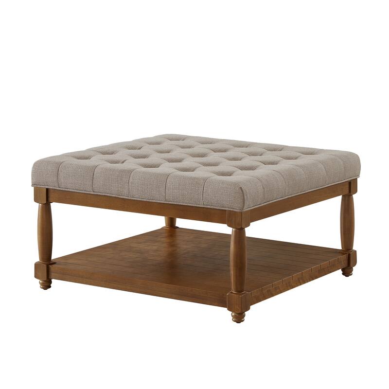 Large Square Upholstered Tufted Linen Ottoman Coffee Table, Large Footrest Ottoman with Solid Wood Shelf