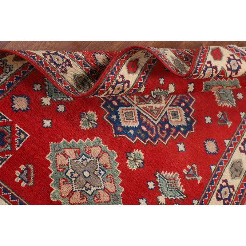 Red Kazak Accent Rug Handmade Geometric Wool Carpet - 3'2" x 4'11"