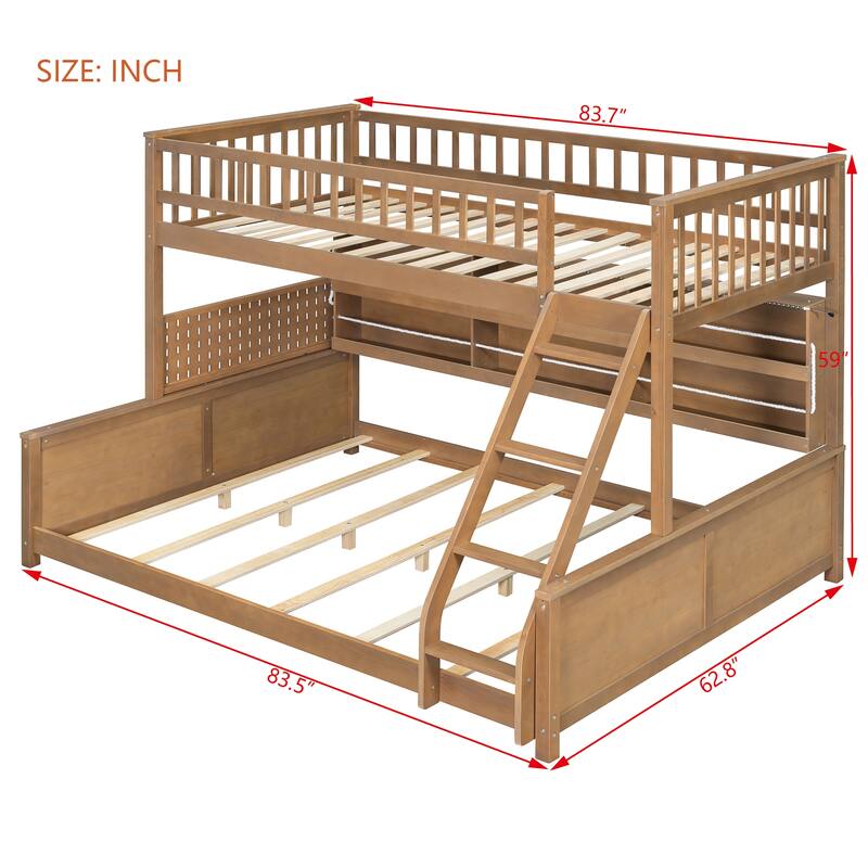 Roomfitters Twin XL over Queen Bunk Bed with Storage Shelf, Pegboard and LED Lights