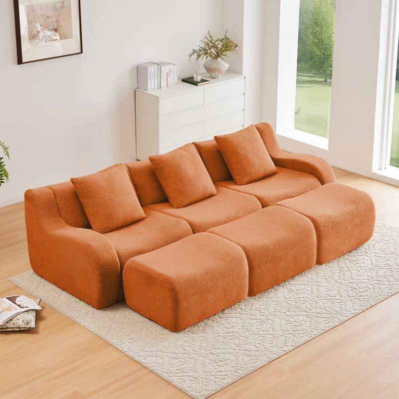 Anmytek Modern Plush 3-Seat Chaise Sofa - High-Quality Teddy Fabric, 32D High Density Sponge, No Assembly