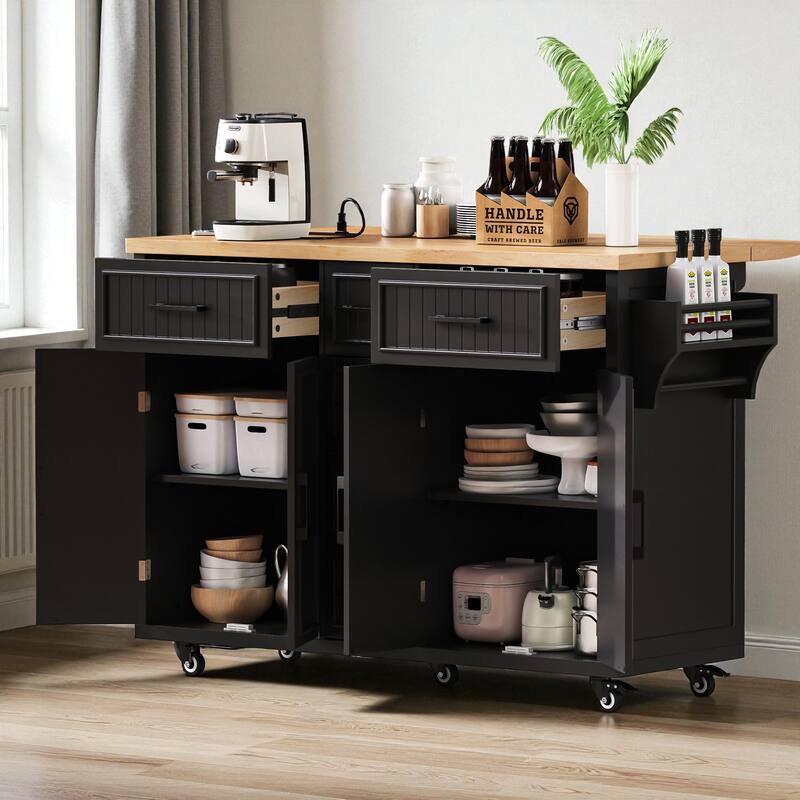 56.5" Farmhouse Kitchen Island with Drop Leaf & Power Outlet, Rolling Cart with 5 Drawers, 4 Doors, Adjustable Shelves & Wheels