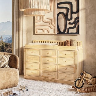 Pine Wood Baby Changing Table with 12 Large Drawers Natural Finish Convertible Nursery Dresser Chest - 59.9"x40.2"