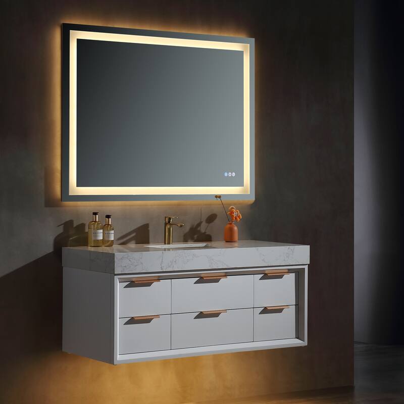 36/48/60 Modern Floating Bathroom Vanity with Sinle/Double Sink & Soft-Close Drawers & LED Lighting & Waterproof, White