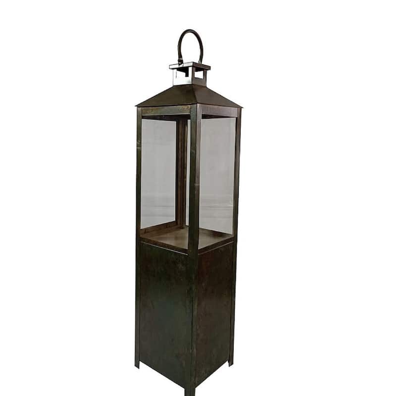 Large Lantern Green Patina Iron & Glass H 34.7" & Dia 8.66" - GREEN PATINA