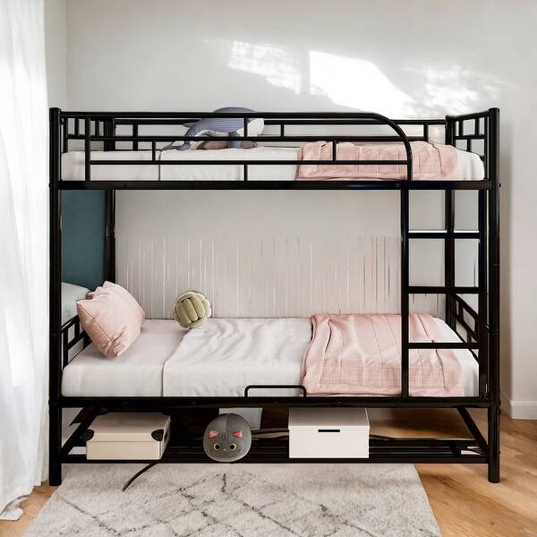 slide 2 of 28, Luxury Twin over Twin Metal Bunk Bed with Shelf and Guardrails, Save Space or Separate into 2 Beds, Maximized Space Black