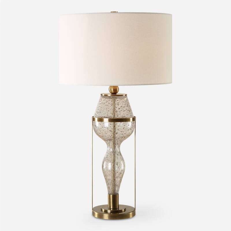 Seeded Glass Table Lamp with Round Shade - 29.75" - Clear and Antique Brass