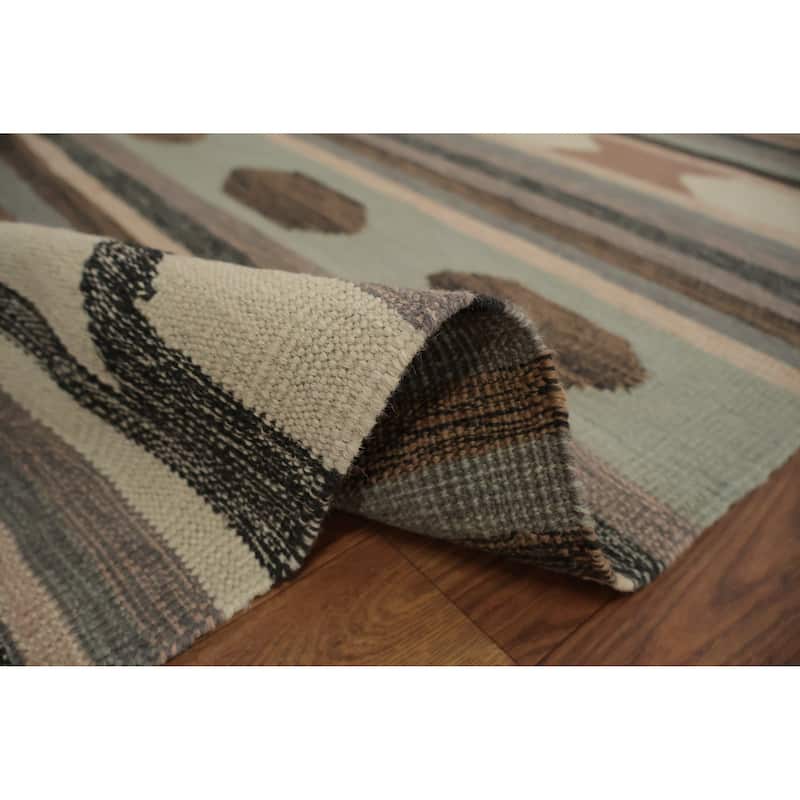 Hand Woven Oriental 100% Wool Carpet Southwestern Tribal Greys & Charcoal Kilim Area Rug - 9' 11'' X 8' 3''