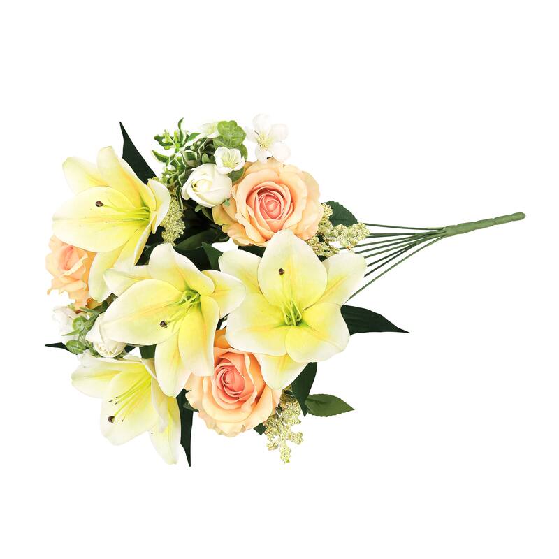 Set of 2 Yellow Peach Artificial Mixed Rose Lily Blossom Flower Stem Bush Bouquet 20in - 20" L x 13" W x 13" DP
