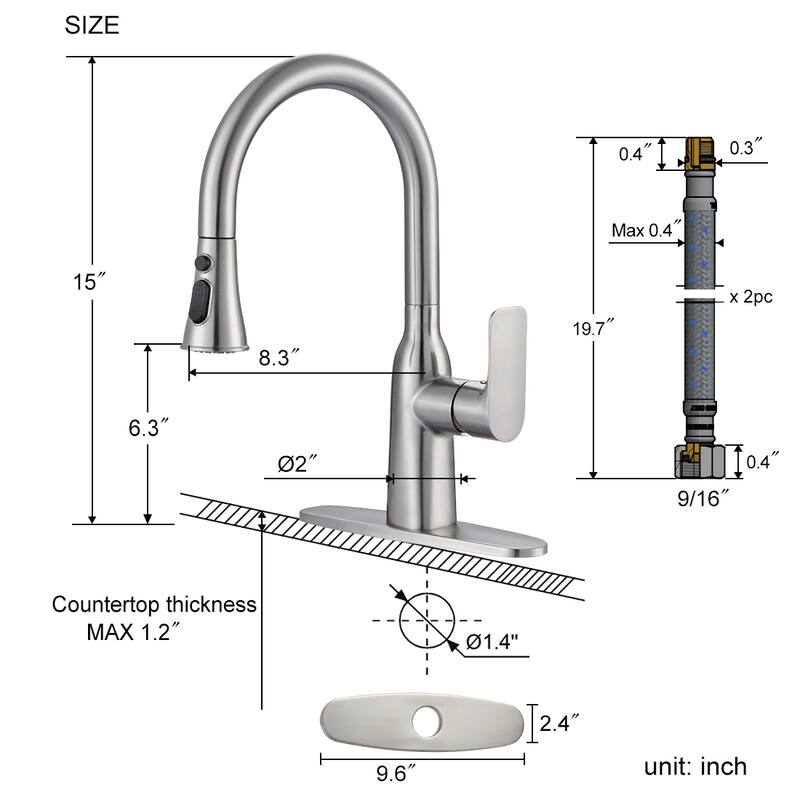 WOWOW 3-Functions Single-Handle Pull Down Sprayer Kitchen Faucet