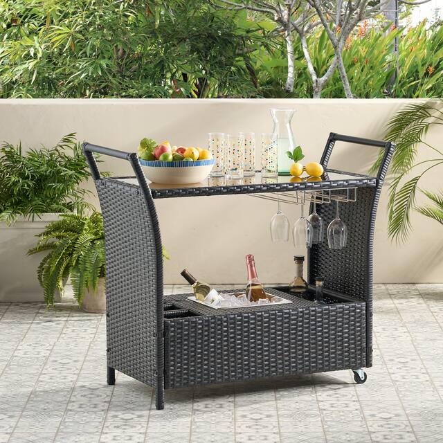 Bahama Outdoor Wicker Bar Cart with Tempered Glass Top by Christopher Knight Home - Brown