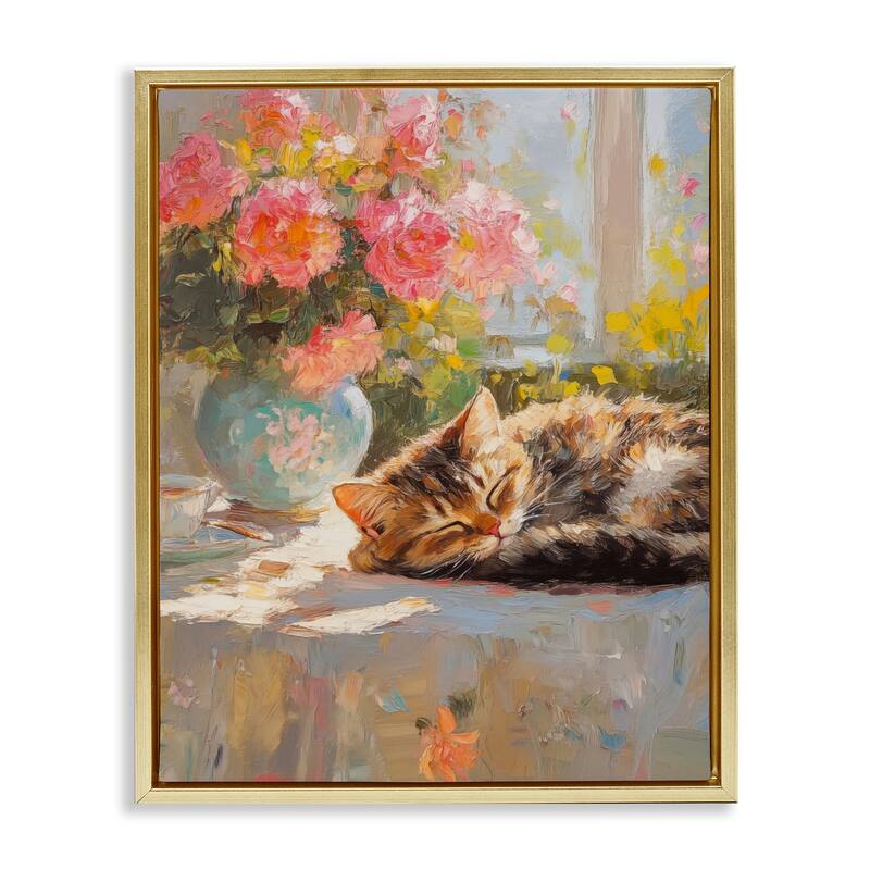 Stupell Sleeping Kitten & Flower Vase Framed Floater Canvas Wall Art Design By Nini Art - 17 x 21 - Gold