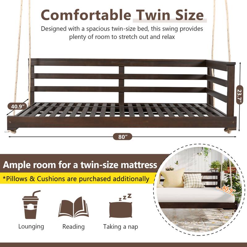 Patio Wooden Twin Size Swing Daybed Porch Swing Frame With Hemp Ropes (Excluding the table)