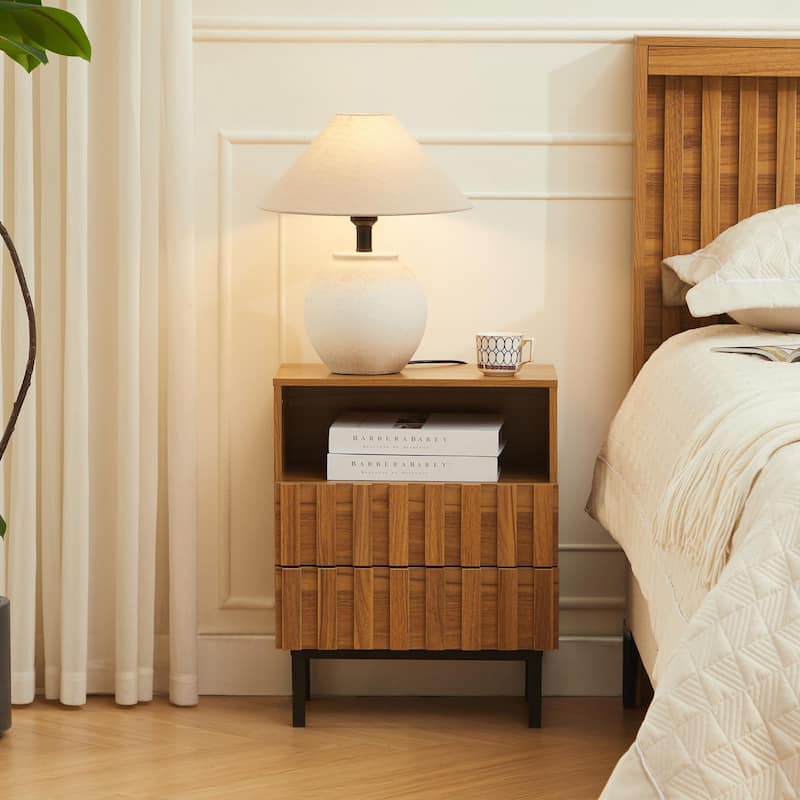 Mid Century Woodgrain Nightstand Pair 2 Drawers Bedside Table