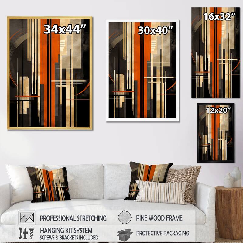 Designart "Orange And Grey Vectors I" Abstract Shapes Framed Canvas Prints