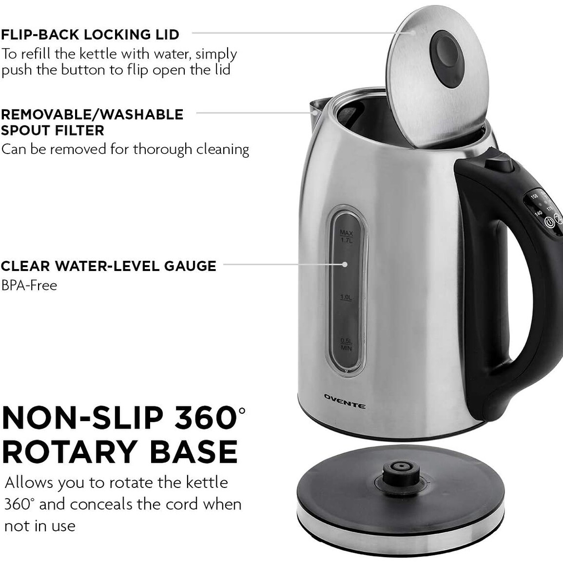 Ovente Electric Stainless Steel Hot Water Kettle 1.7 Liter with 5  Temperature Control & Concealed Heating Element, Silver - Bed Bath & Beyond  - 9796533