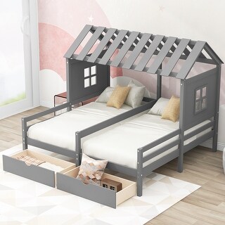 Gray Twin Size House Platform Beds with Two Drawers, Combination of 2 Side By Side Twin Size Beds