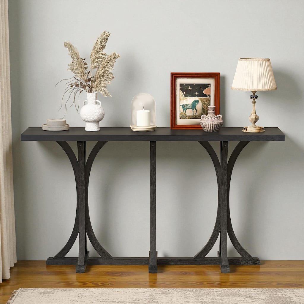 59.8'' Farmhouse Wooden Console Table with Oak Veneer Top, Curved Rubber Wood Legs, Entryway Sofa Table for Living Room