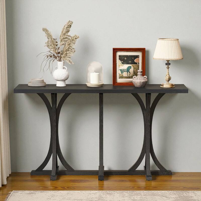 59.8'' Farmhouse Wooden Console Table with Oak Veneer Top, Curved Rubber Wood Legs, Entryway Sofa Table for Living Room - Black