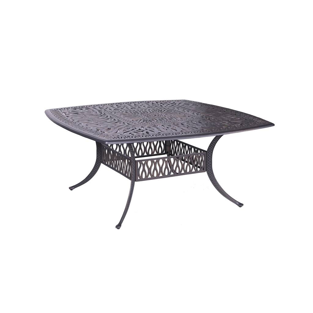 Arbor 64 Inch Square Metal Outdoor Dining Table, Tulip Pattern, Dark Gray