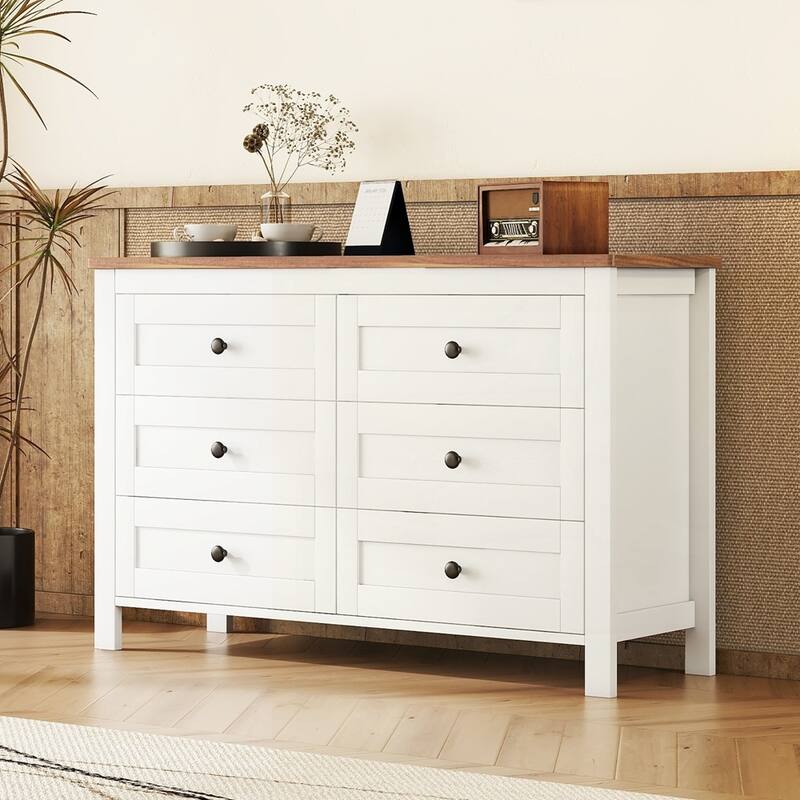 Farmhouse Style Wooden Dresser with 6 Drawer - White/Brown