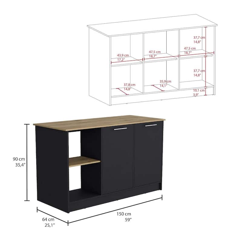 Large Surface Kitchen Island with Double Door Cabinet, Inner Shelves, and Open Storage for Pots, Pans, and Decor